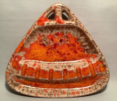 Vintage Orange Beige Brown Glazed Pottery Triangle Ashtray Trinket Dish USA-image