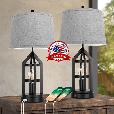 Lamparas De Mesa De Noche Luces Retro Gris Con Puerto USB Sala Dormitorio Coci-image