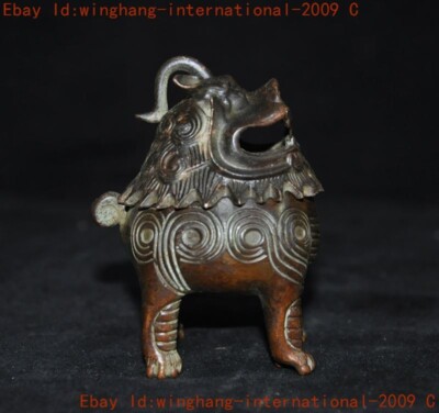 China ancient bronze animal foo dog lion beast statue joss Incense burner Censer-image