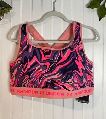 Under Armour Womens UA Crossback Mid Print Sports Bra 3X Compression Peach &Pink-image