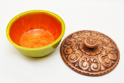 Vintage Mid Century Drip Glaze Cal Style 2347 Pottery Lidded Orange Geen Bowl-image