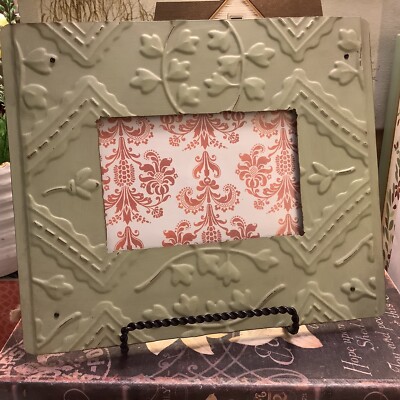 Creative Co-Op~Sage Green Tin Frame~Relief Pattern~11.5”W X 9.75”H~Cottage~-image