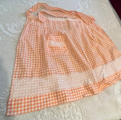 Vintage Apron Orange White Gingham Checked Cotton Apron One Pocket 1/2 Apron-image
