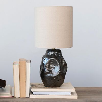 Creative Co-Op 13 in. Round Ceramic Organic Shaped Table Lamp with Fabric Sha...-image