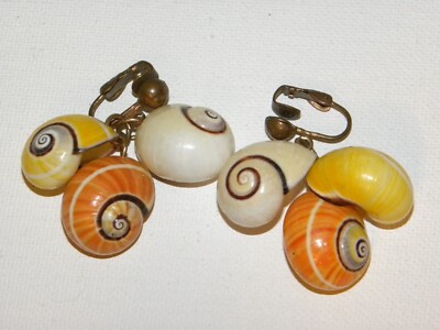 MC Colorful Shell Earrings Yellow Orange White Mid Century Retro Lever Back-image