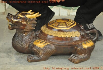 Ancient Chinese joss Gilt Feng Shui wealth Lucky animal Dragon tortoise statue-image