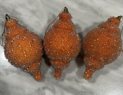 3 Icy Beaded / Sugar Beaded Ornaments.  Mid-Century Orange.-image