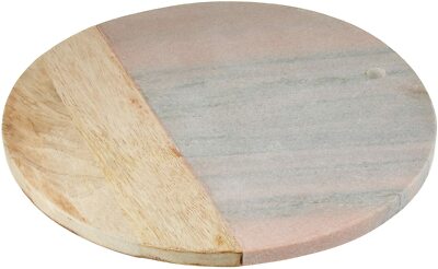Creative Co-Op Pink/Grey Marble & Mango Wood Round Cheese Board-image