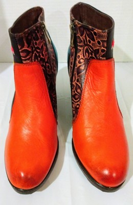 Socofy Leather Retro Boho Ankle Boots New Floral Vibrant Colors Orange Teal Brn-image