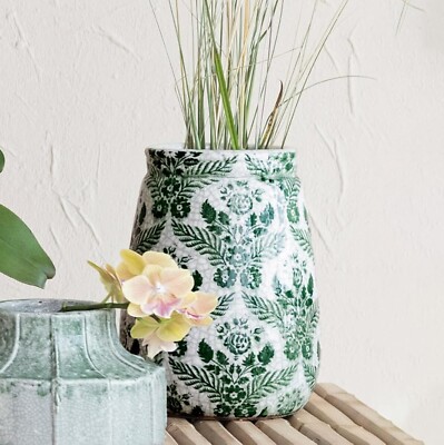 Creative Co-Op Terra-Cotta Planter Vase with Flower Pattern and Crackle Glaze...-image