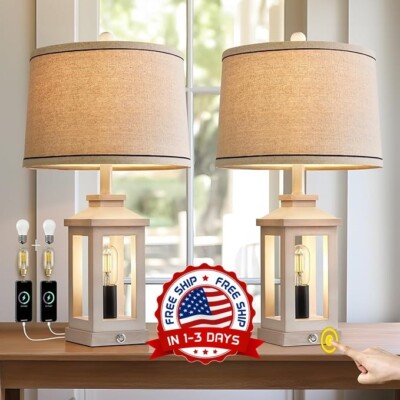 2 Lamparas De Mesa De Noche Luces Retro Gris Con Puerto USB Sala Dormitorio Coci-image