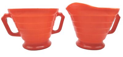 Vintage Hazel Atlas Orange Cream & Sugar Bowls Milk Glass D Handle -image
