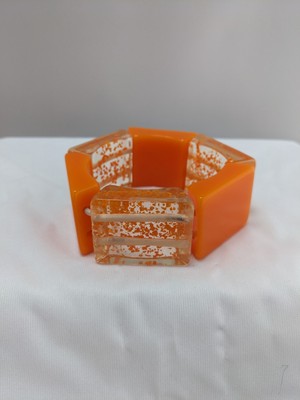 Vintage Mid Century Chunky Stretch Bangle Bracelet Orange Confetti Geometric-image