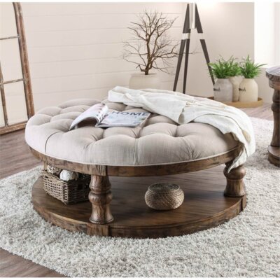 Furniture of America Joss Rustic Wood Round Tufted Coffee Table in Antique Oak-image