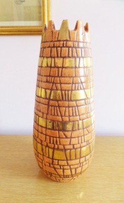 Mid Century Large Ceramic Vase Orange Gold Turret Castle Style Retro Vintage-image