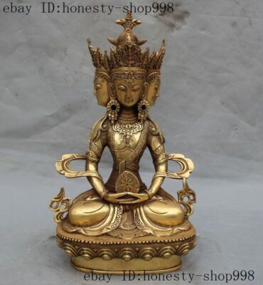 Tibet Buddhism Fane Joss Brass 4 Head kwan-yin GuanYin Amitayus Buddha Statue-image