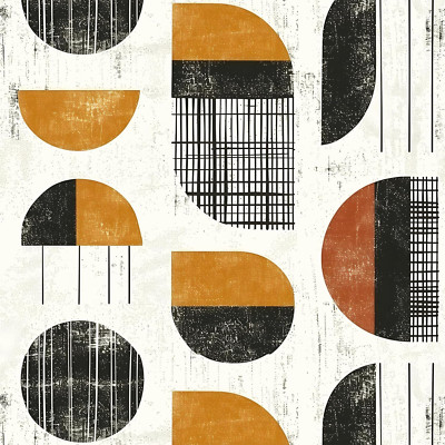 Retro Geometric Peel and Stick Wallpaper Black Beige Mustard Yellow Orange Mid C-image