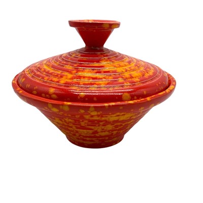 Vintage Mid Century Lidded Dish Red, Orange Speckle 1969 signed unique design-image