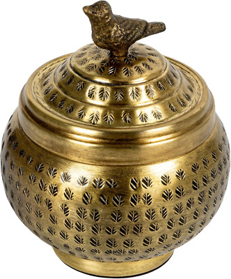Creative Co-Op round Hammered Metal Container with Bird Finial, Brass Finish-image