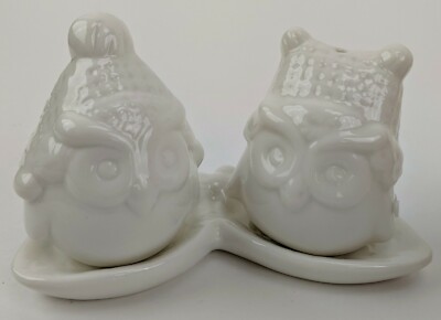 Creative Co-op Salt & Pepper Shaker Set White 3 Piece Ceramic Owl Minimalist-image