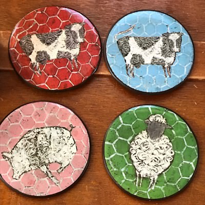 Creative Co-Op Round Plastic 4 Coaster Set with Farm Animals in Holder - each -image
