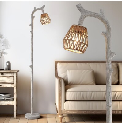 Retro Farmhouse Rustic Rattan Floor Lamp Tree Trunk 64.25 Inches Tall Office Etc-image