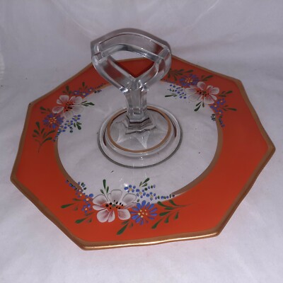 Indiana Glass Center Handle Sandwich Tray Orange Hand Painted Raised Flowers-image