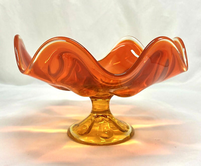Viking Art Glass Bowl Compote Orange Amberina Clear Edge 6 Petal-image
