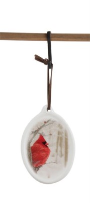 Creative Co-Op XM2357 Ceramic Oval Ornament with Cardinal Bird on Snowy Branch-image