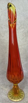 Mid Century Modern Fenton Amberina Orange Thumb Print Swung Glass Vase - 11 3/4”-image