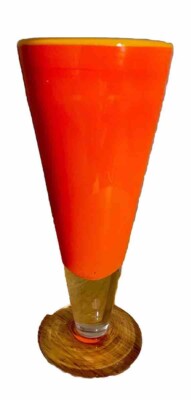 Orange Vase With Yellow Rim, Clear Glass Pedestal Base, 8”, Mid Century Style-image