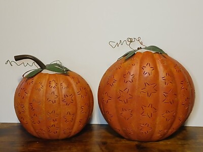 Pair of Metal Pumpkins Tealight Holders Star Cut-Outs Farmhouse-Halloween-Fall-image