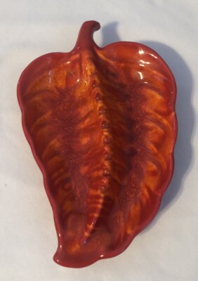 Mid Century Modern Ash Tray  Ceramic Leaf Orange Gold USA 2220-image