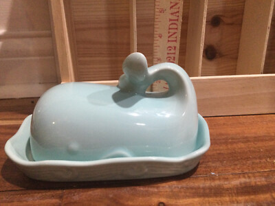 Creative Co-op Whale Shaped Butter Dish with Lid,  Aqua NWOT-image