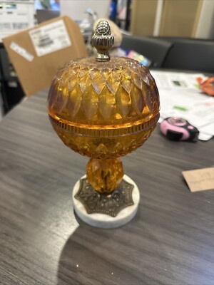 Amber Glass And Metal Footed Lidded Round Candy Dish Orange Mid Century MCM-image