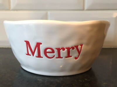 Small Christmas Bowl Creative Co-Op White Bowl With The Word MERRY On It In Red -image