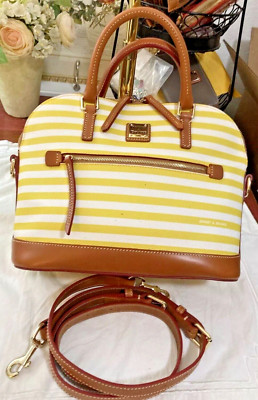 Dooney Bourke Sullivan Striped Yellow White & Leather Domed Satchel Bag-image