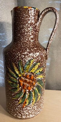MCM Italian Pottery Pitcher brown/white with orange,green,yellow sunburst-image