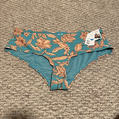 Time and Tru Blue Bikini Swimsuit Bottoms Orange Floral Mid Rise Cheeky 1X New-image