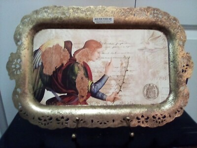 Creative Co-Op Antique Style Metal Serving Tray Angel Dove Gold Border NWT-image
