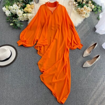 Women Chiffon Shirt Blouse Tops Mid-length Asymmetrical Batwing Sleeve High Neck-image