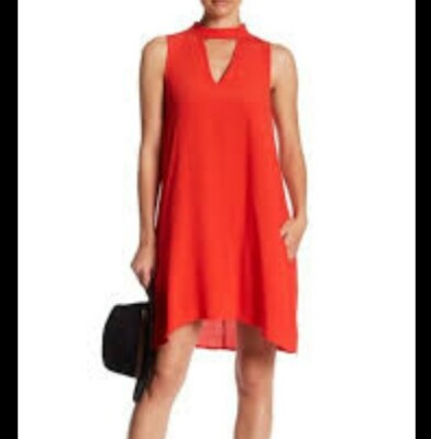 Tacera Orange V-Neck Choker Collar Shift Dress, M-image