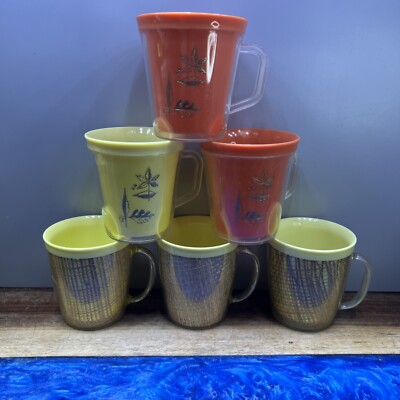 Mid Century Summer Cups 6 Wicker Plastic Vintage Insulated MCM Mug Orange Yellow-image
