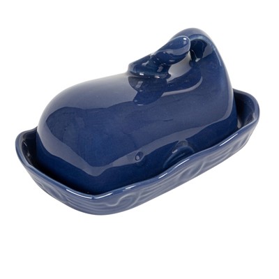 Creative Co-op Dark Blue Whale Shaped Butter Dish With Lid-image
