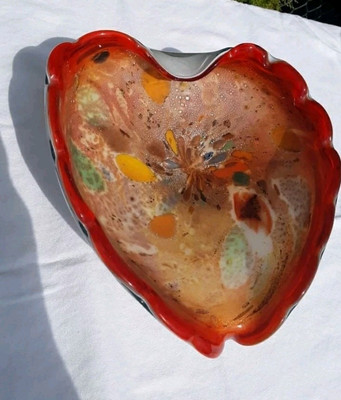Mid Century Art Glass Fratelli Toso Heart Shaped Dish Orange Flame-image