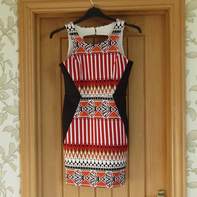 Lipsy red orange black future tribal print stretch pencil dress uk 10 mid length-image