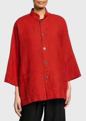 Eskandar ORANGE Mid Weight Linen Mandarin Collar Jacket/Top w/Pockets O/S  -image