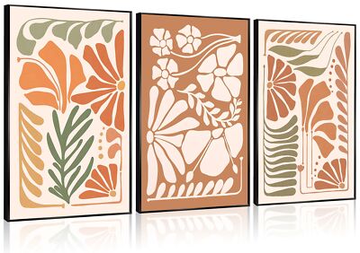 3Pcs Burnt Orange Floral Canvas Wall Art Mid-Century Neutral Botanical Pictur...-image