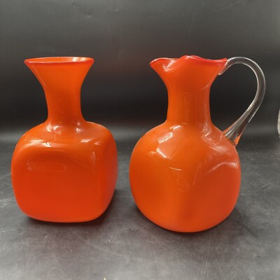 Mid Century Modern Orange Art Glass Pitcher & Carafe Set Modernist Blown 9.5”-image