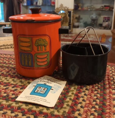 MID CENTURY Burnt Orange Multi Purpose Enamel Stovetop Cooker With Insert Basket-image